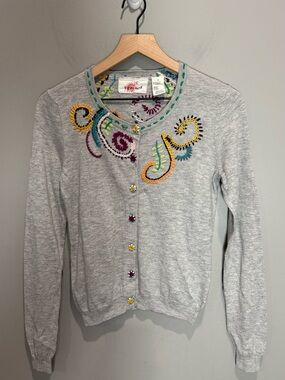 Karen Nicol Embroidered Cardigan M Gray Floral Artsy Whimsical Sweater
